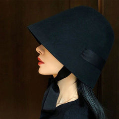 Boho Hat, Autumn Winter Wool Hat, Vintage Black Lady Bucket Cap Ribbon