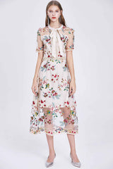 Maxi Dress, Boho Vintage Party Dress, Embroidered Dress, Annabelle in White Apricot and Midnight Flower