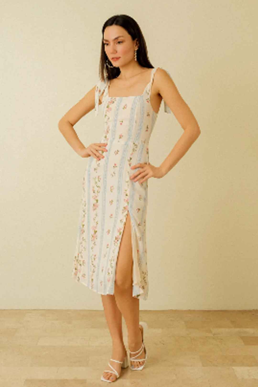 Boho Midi Dress, Strappy Sundress, White Vintage Rose