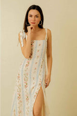 Boho Midi Dress, Strappy Sundress, White Vintage Rose