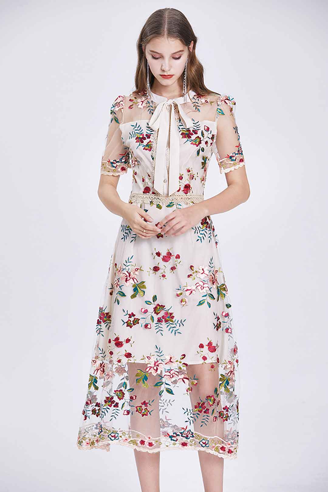 Maxi Dress, Boho Vintage Party Dress, Embroidered Dress, Annabelle in White Apricot and Midnight Flower