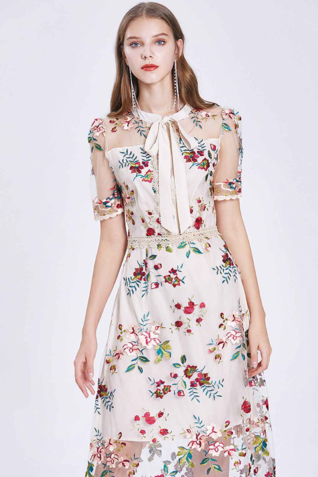 Maxi Dress, Boho Vintage Party Dress, Embroidered Dress, Annabelle in White Apricot and Midnight Flower