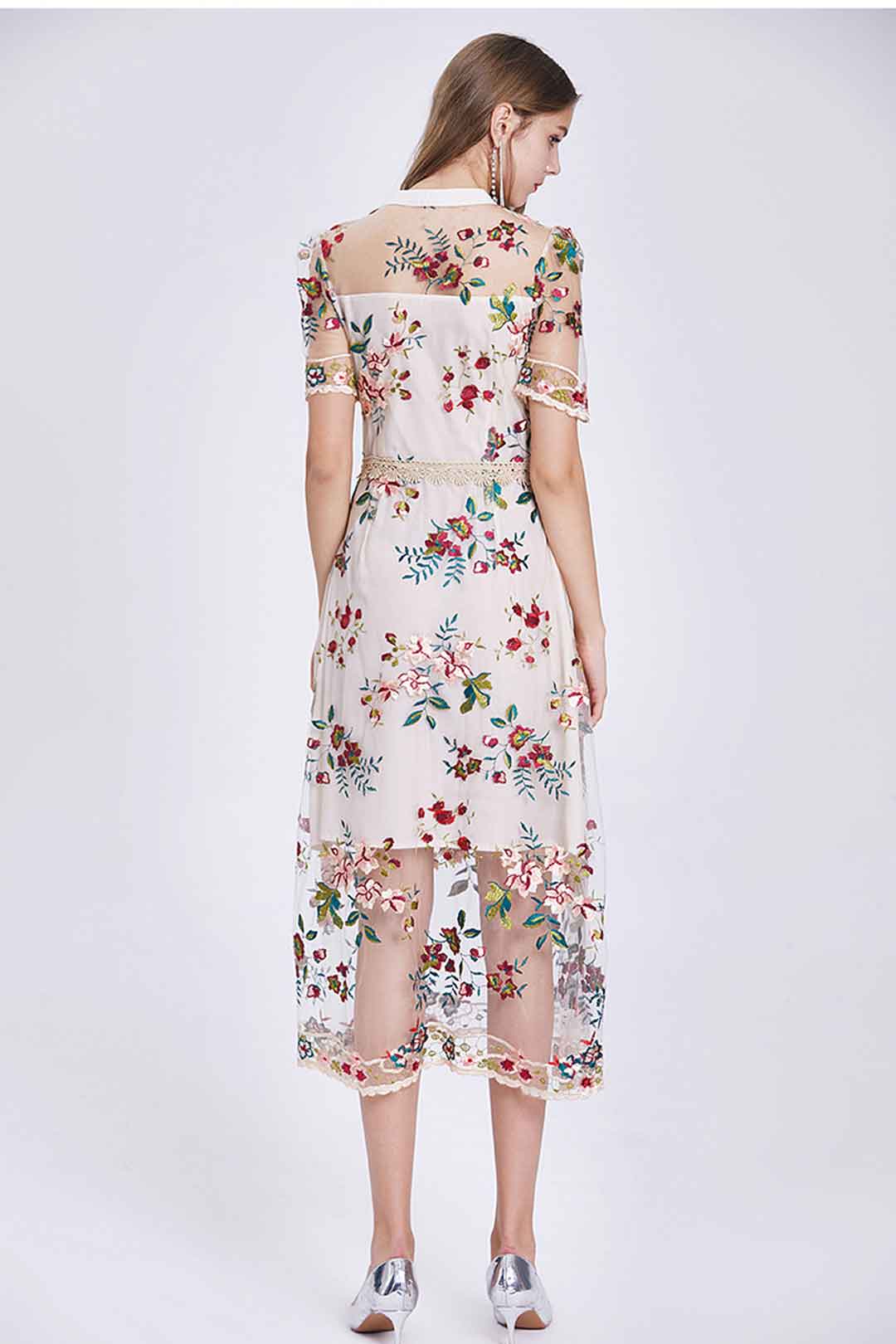 Maxi Dress, Boho Vintage Party Dress, Embroidered Dress, Annabelle in White Apricot and Midnight Flower