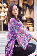 Boho Robe, Kimono Robe,  Beach Cover up, Short Robe, Alyssa Forest in Brown and Purple