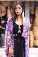 Boho Robe, Kimono Robe,  Beach Cover up, Short Robe, Alyssa Forest in Brown and Purple