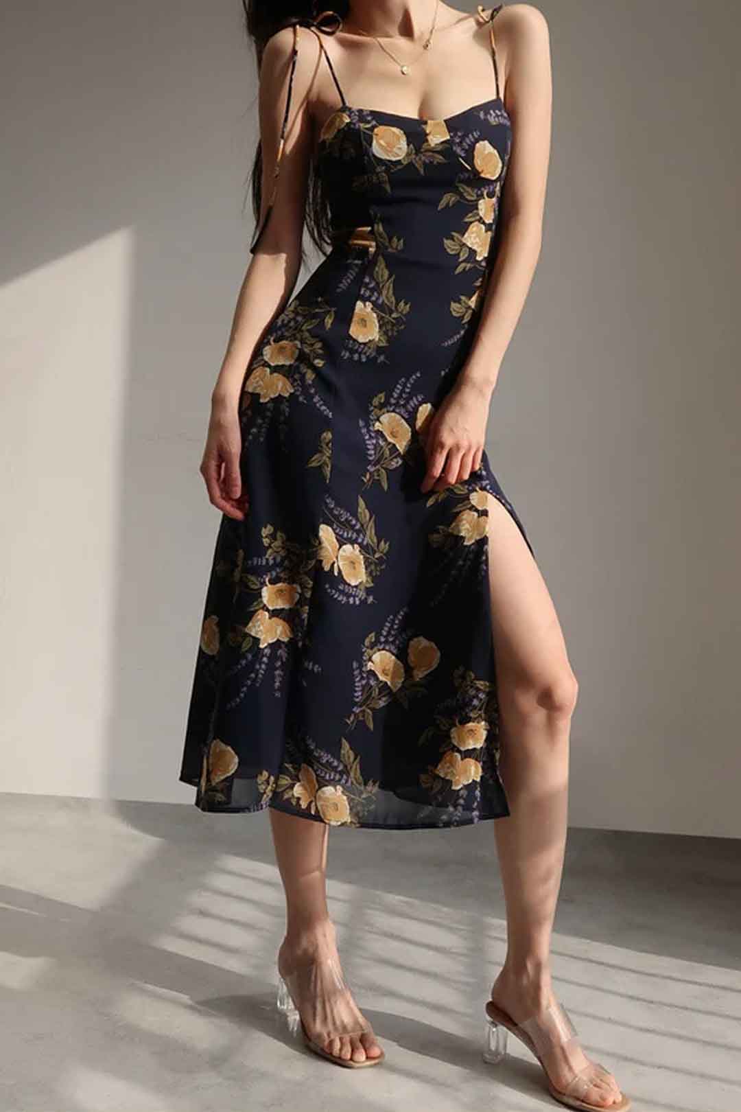 Boho Midi Dress, Strappy Sundress, Black Rose Garden