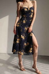 Boho Midi Dress, Strappy Sundress, Black Rose Garden