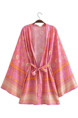Boho Robe, Kimono Robe,  Beach Cover up, Short Robe, Amaryllis in Pink and Orange