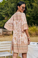 Boho Mini Dress Tunic Dress, Sundress, Bird Garden in Blue, Pink and Apricot