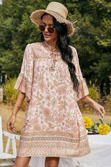 Boho Mini Dress Tunic Dress, Sundress, Bird Garden in Blue, Pink and Apricot