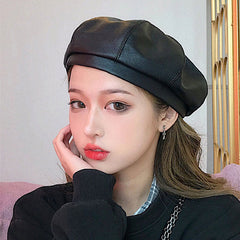 Boho Hat, Leather Beret Hat, Autumn in Beige , Red, Yellow and 9 colors