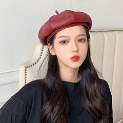 Boho Hat, Leather Beret Hat, Autumn in Beige , Red, Yellow and 9 colors