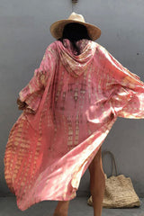 Boho Robe, Beach Cover up, Beach Robe, Black, Hoodie Robe Green Pink Tie Dye Print