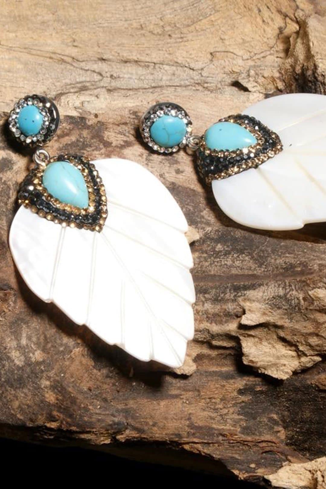 Boho Earrings, Dangle Earrings, Leaf White Shell