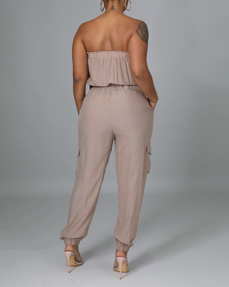 Solid Belted Flap Pocket Frill Trim Strapless Jumpsuit