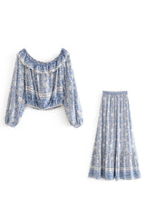 Boho Two Piece Set, Crop Top and Skirt, Wild Flower Blue Sky