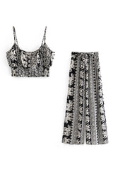 Boho Two Piece Set, Crop Top and  Palazzo Pant, Black Elephant
