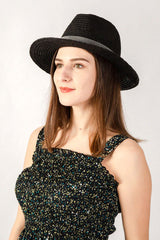 Boho Hat, Sun Hat, Beach Hat, Raffia Grass Fedora Jazz Hat, Mia Black Caramel