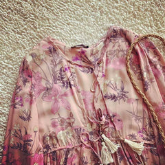 Gown Dress, Boho Maxi Dress, Loose Dress, Flower Garden in Pink, Blue and Yellow