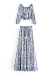 Boho Two Piece Set, Crop Top and Skirt, Wild Flower Blue Sky