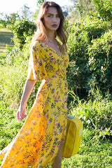 Boho Maxi Dress, Sundress, Wild Floral in Yellow Ducky