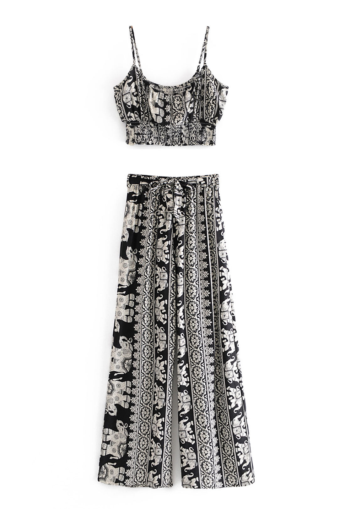 Boho Two Piece Set, Crop Top and  Palazzo Pant, Black Elephant
