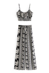 Boho Two Piece Set, Crop Top and  Palazzo Pant, Black Elephant