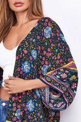 Boho Robe, Kimono Robe,  Beach Cover up, Flora in Navy