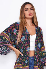 Boho Robe, Kimono Robe,  Beach Cover up, Flora in Navy