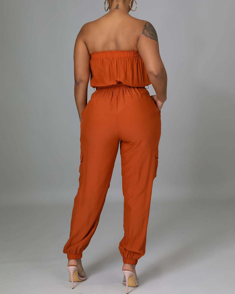 Solid Belted Flap Pocket Frill Trim Strapless Jumpsuit