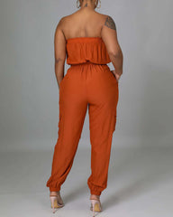 Solid Belted Flap Pocket Frill Trim Strapless Jumpsuit