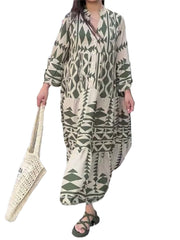 Explosive Long-sleeved Geometric Pattern Print Dress Ladies Loose Waist Stand Collar Pleats Wrinkled New Single-breasted Shirt Skirt Bohemian Dress