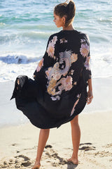 Boho Robe, Beach Cover up, Beach Robe, Black Dragon Flower