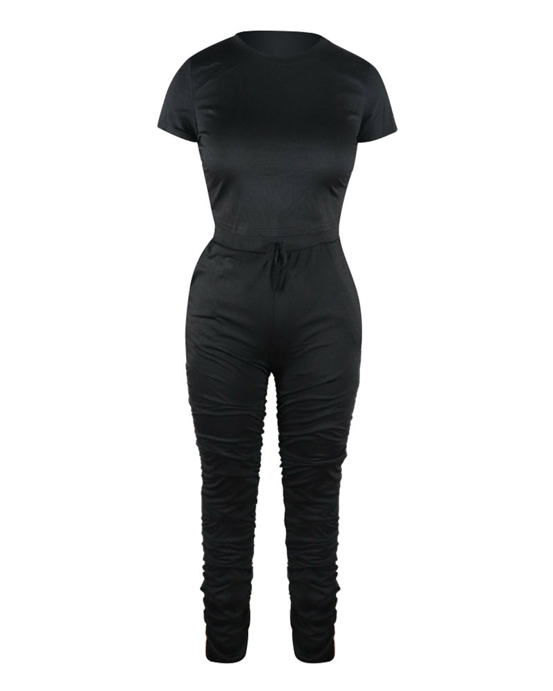 Solid Crop Top & Drawstring Ruched Pants Set