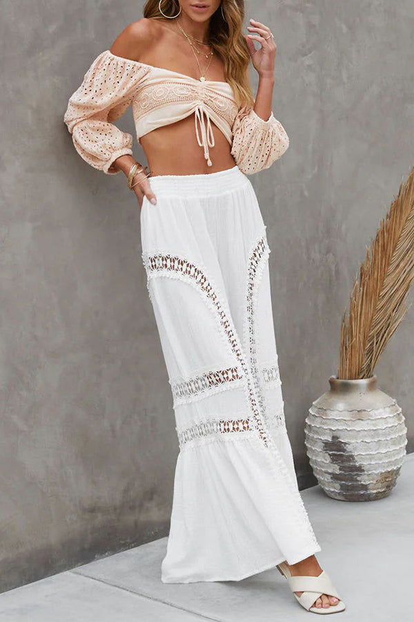Kyomi Cotton Blend Embroidered Lace Elastic Waist Flare Pants