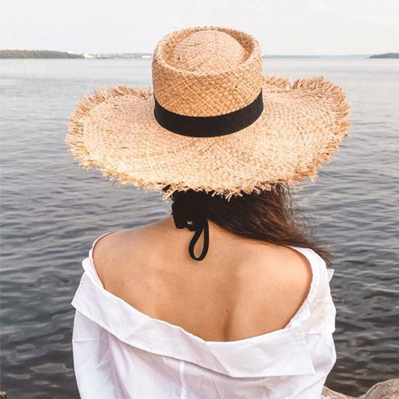 Boho Hat, Sun Hat, Beach Hat, Wide Brim Hat , Straw Hat, Black Bow