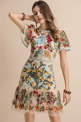 Boho Vintage Party Dress - Mini Dress Embroidered Arabella Rose in White Apricot