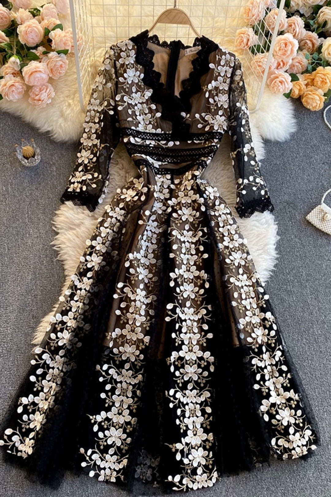 Maxi Dress, Boho Vintage Party Dress, Embroidered Dress,  Gown, Magnolia in Black Midnight