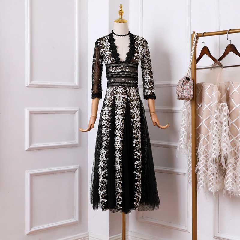 Maxi Dress, Boho Vintage Party Dress, Embroidered Dress,  Gown, Magnolia in Black Midnight