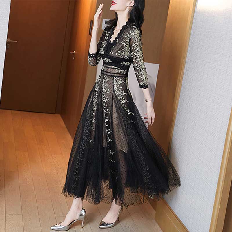 Maxi Dress, Boho Vintage Party Dress, Embroidered Dress,  Gown, Magnolia in Black Midnight