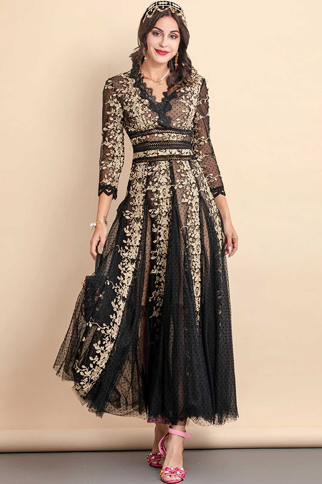 Maxi Dress, Boho Vintage Party Dress, Embroidered Dress,  Gown, Magnolia in Black Midnight