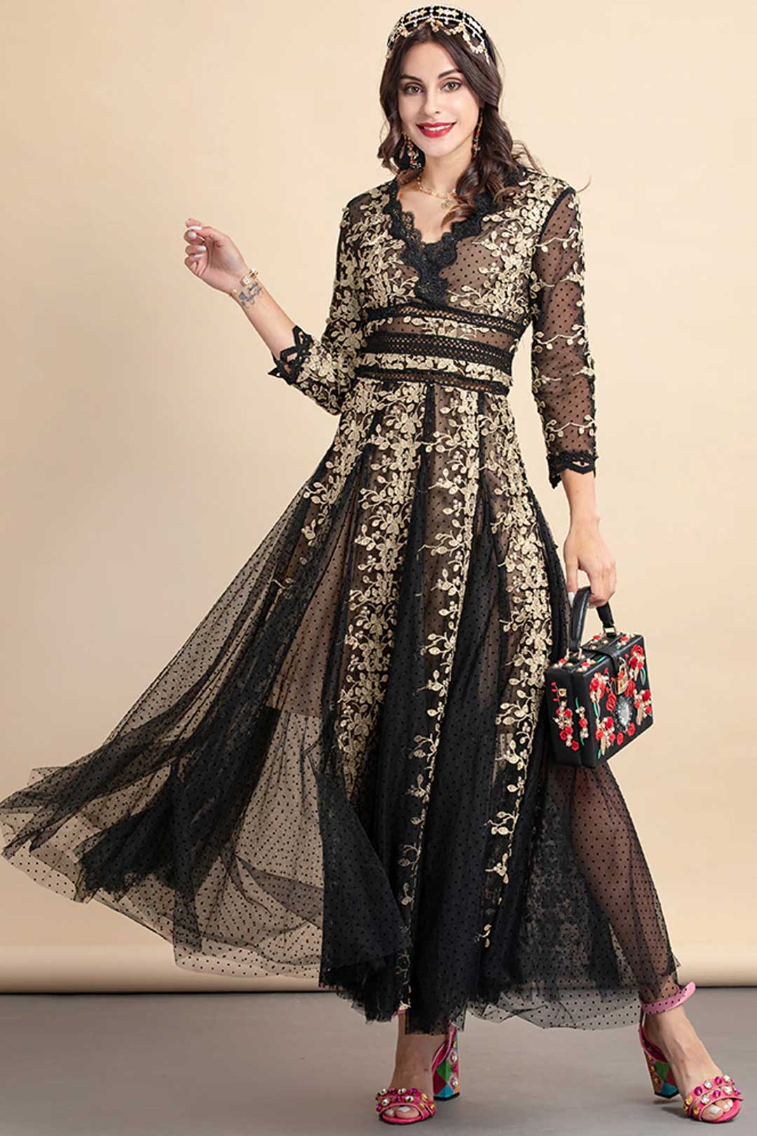 Maxi Dress, Boho Vintage Party Dress, Embroidered Dress,  Gown, Magnolia in Black Midnight