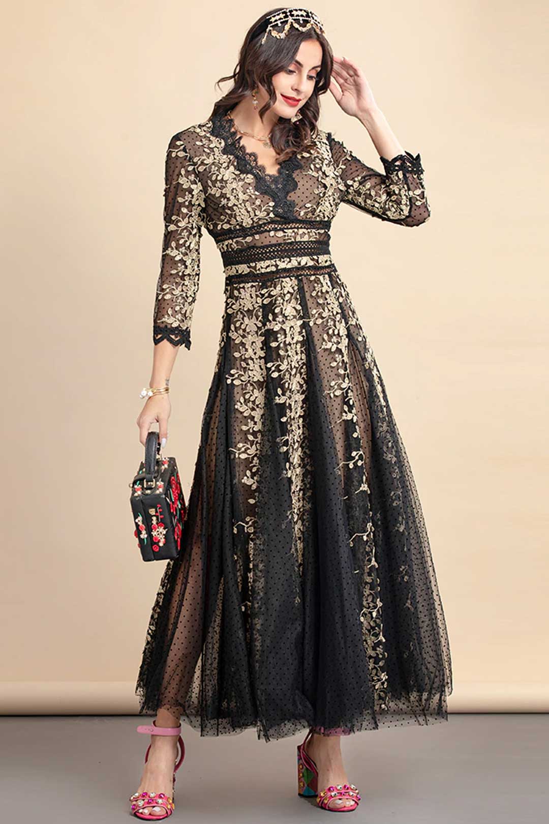 Maxi Dress, Boho Vintage Party Dress, Embroidered Dress,  Gown, Magnolia in Black Midnight