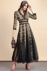 Maxi Dress, Boho Vintage Party Dress, Embroidered Dress,  Gown, Magnolia in Black Midnight