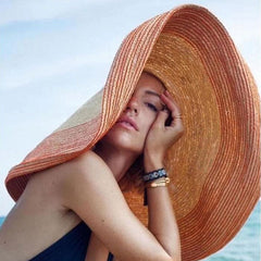 Boho Hat, Sun Hat, Beach Hat, Extra Wide Brim Straw Hat (25 cm), Stripe 2 Colors