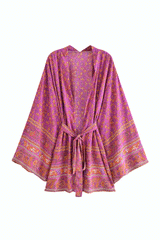 Boho Robe, Kimono Robe, Beach Cover up, Short Robe, Elliana Jasmine in Pink, Green and Brown