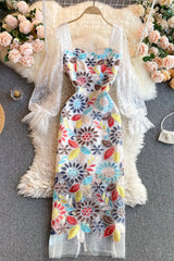 Vintage Dress, Boho Midi Dress, Party Dress, Embroidered Dress, Magnolia in White