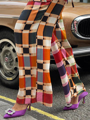 Women's Sets Plaid Printed Lace Up Blouses & Wide Leg Pants Two-Piece Set