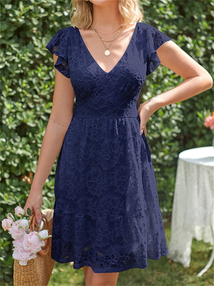 Women's Summer V-neck Ruffle Sleeve Dress Floral Lace Lace-up A-line Dress White Black Red Apricot Green Blue Pink S-2XL