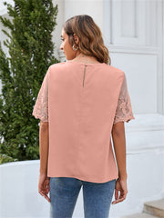 Women's Round Neck Lace Shirt Chiffon Shirt Women's Tops Solid Color Short Sleeve White Pink Green Black Blue S M L XL 2XL